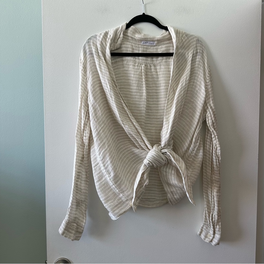 NWOT Free People cream & white linen long sleeve wrap shirt / beach cover up